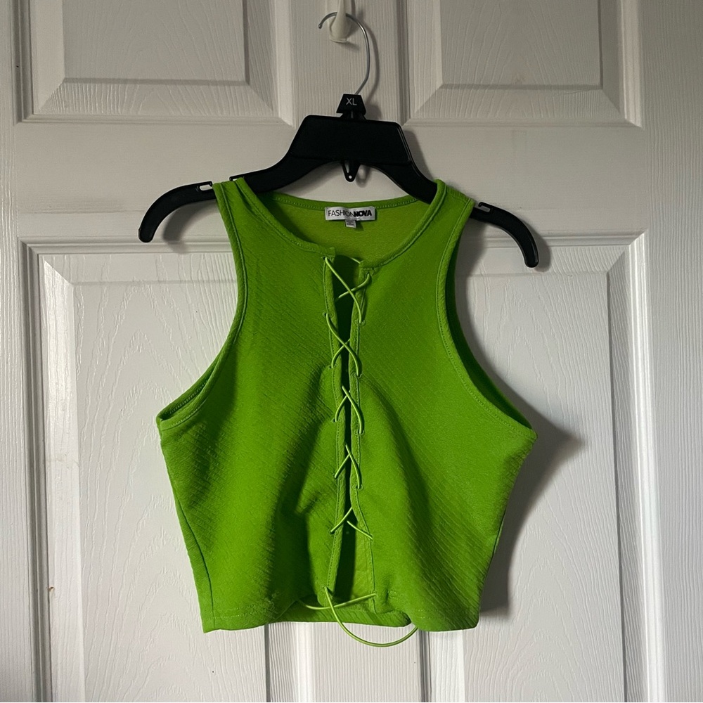 FASHION NOVA Green Lace-Up Ribbed Crop Tank